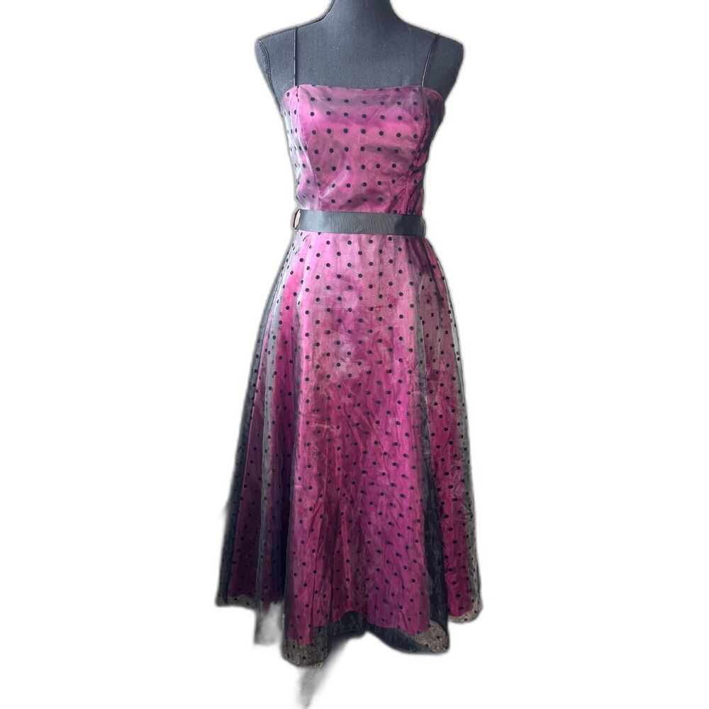 Size 4 Y2K Vintage Betsy and Adam tea length polka dot bow formal dress 10707